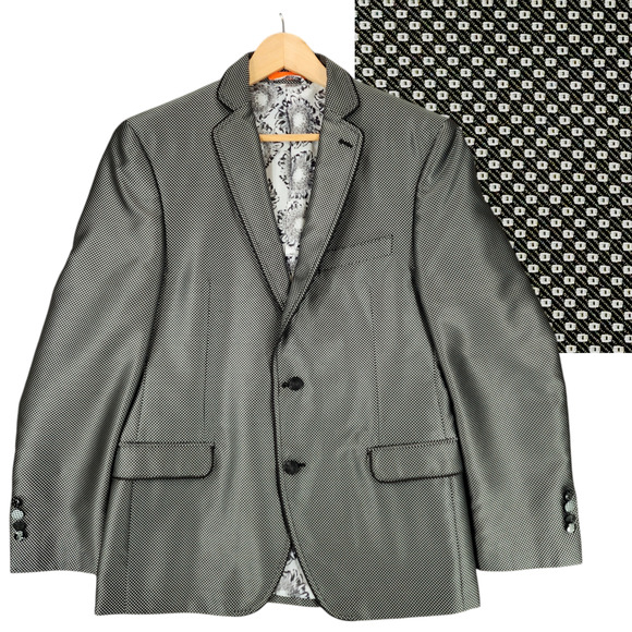 Macys Tallia Men Blazer 40R Birdseye Nailhead Gray Single Breasted Piping Trim - Picture 1 of 14